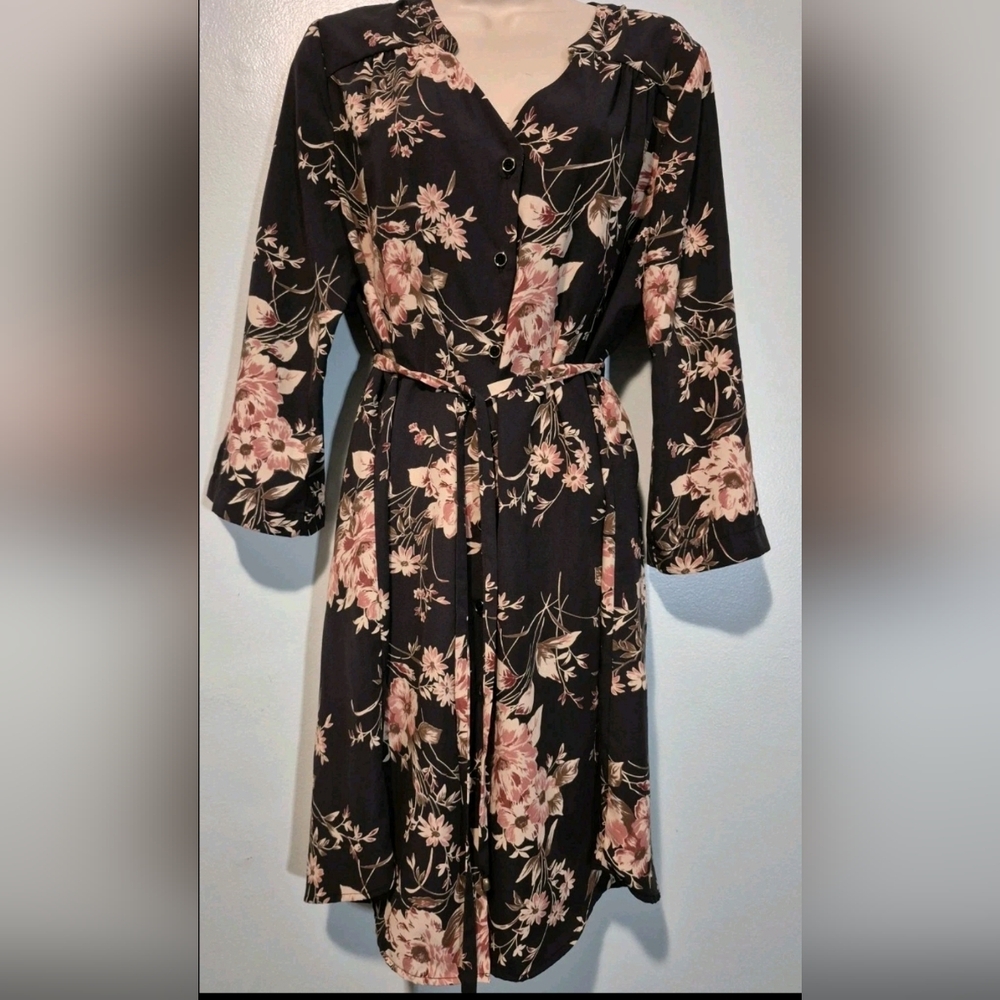 41 Hawthorn  Black Pink Floral 3/4 Sleeve Belted Shirt Dress Sz M Petit
